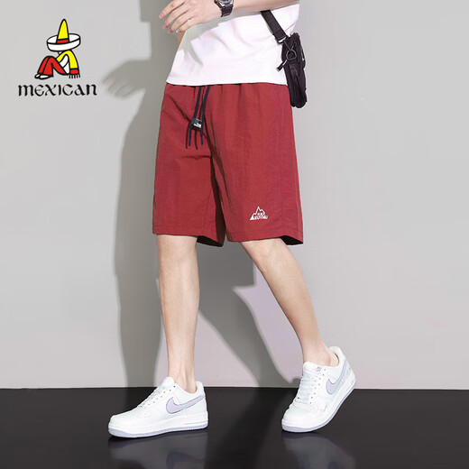 稻草人男士冰丝短裤夏季薄款潮牌休闲运动多口袋中裤青年速干五分裤子男 672暗红 XL (155-170斤)