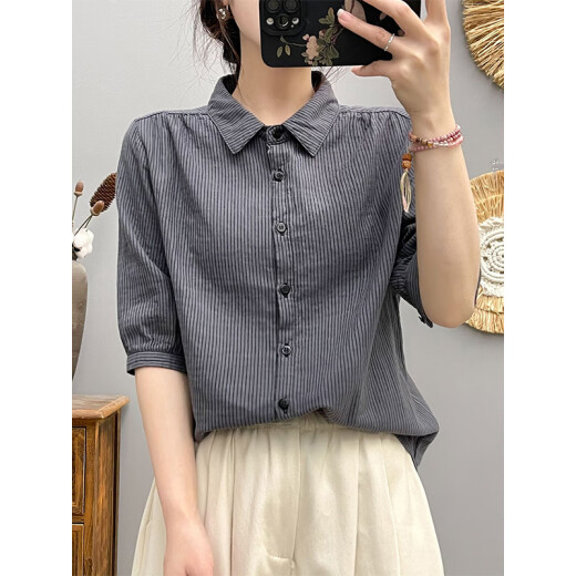 NICOLEJOLIE100%纯棉长袖衬衫女2025春装新款细条纹宽松文艺休闲棉纱衬衣上衣 蓝条6623（翻领细条纹无口袋） L