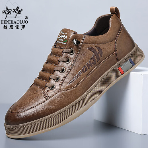 Henipolo sports shoes for men new style cowhide leather men's trendy sneakers for men all-match business casual shoes non-slip low-top men's shoes brown 43 (265mm) leather shoe size