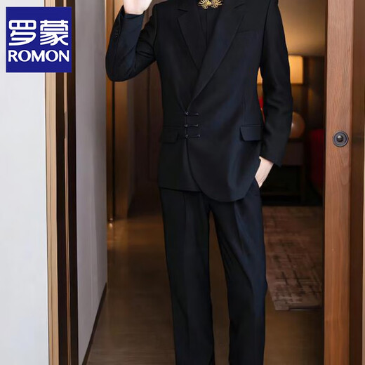 ROMON Zhongshan suit new Chinese suit men's Tang suit suit high-end loose new style engagement wedding groom dress black [top + pants + stand-up white shirt] M