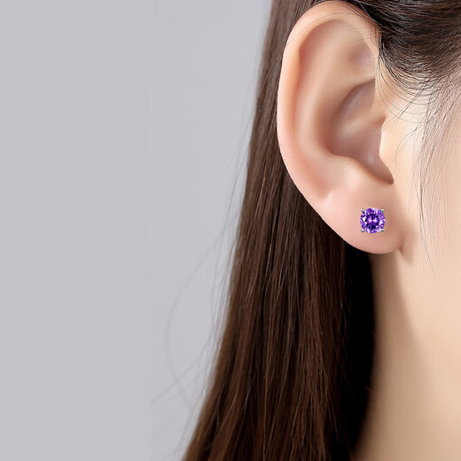 Timebetter natural amethyst silver earrings for women simple and elegant four-claw light luxury fashionable purple earrings birthday gift certificate natural amethyst silver earrings/gem diameter about 6mm