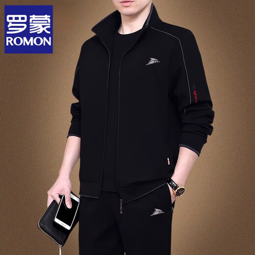 ROMON Sports Suit Men's Spring and Autumn Dad Casual Sweatshirt Men's Three-piece Suit Middle-aged and Elderly Large Size Loose Sportswear 8923 Black + Long T-shirt + Straight Pants Three-piece Suit