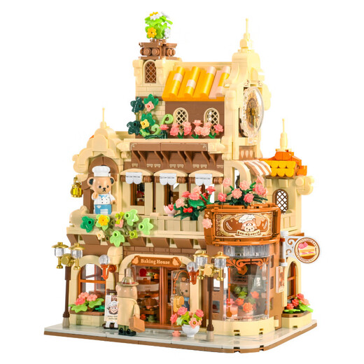 
Teddy Bear Roasting House Cafe Convenience Store Street View Building Block Assembly Toys Collection Gifts Coffee House 1381pcs+Gift Light String