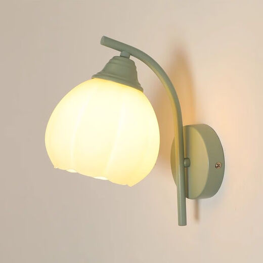 Opu Yuanxing simple bedroom wall light led green bedside lamp cream windshield iron art living room balcony staircase decorative wall light B686 green lily of the valley flower 5 watts warm light