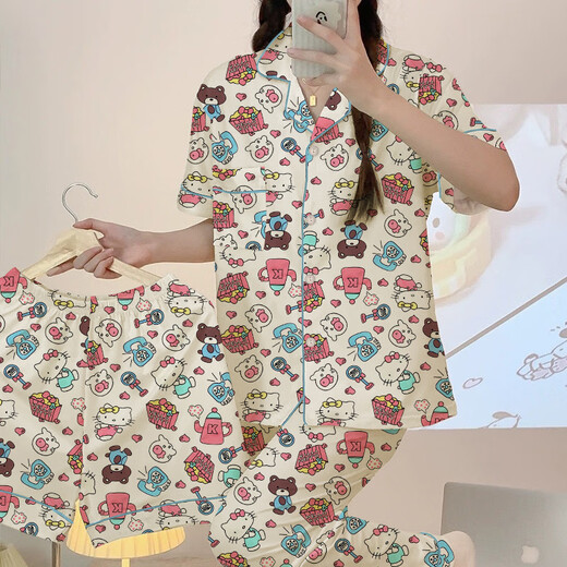 Pyjamas pour femmes trois pièces d'été japonais ins mignon carton pantalon à manches courtes petites et mignons ensembles de vêtements maison wzl1479 m [80-100jin recommandés [Jin est égal à 0,5 kg]]]