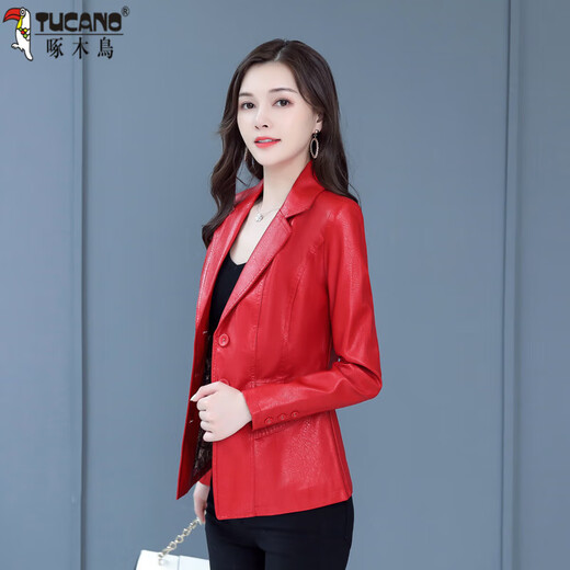 Woodpecker (TUCANO) 2025 new spring and autumn imitation leather jacket for women, short Korean version, slim fit, cotton, large size leather jacket, stylish small coat 2022910-black-thin section 2XL recommended 110-120Jin Jin equals 0.5 kg
