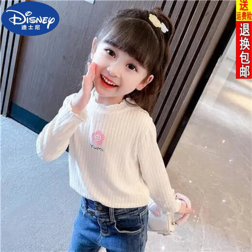 Disney (DISNEY) girls long-sleeved tops autumn and winter new children's round neck pullover bottoming shirt baby pure cotton half turtleneck inner autumn coat white spring and autumn wear around 18 degrees 80