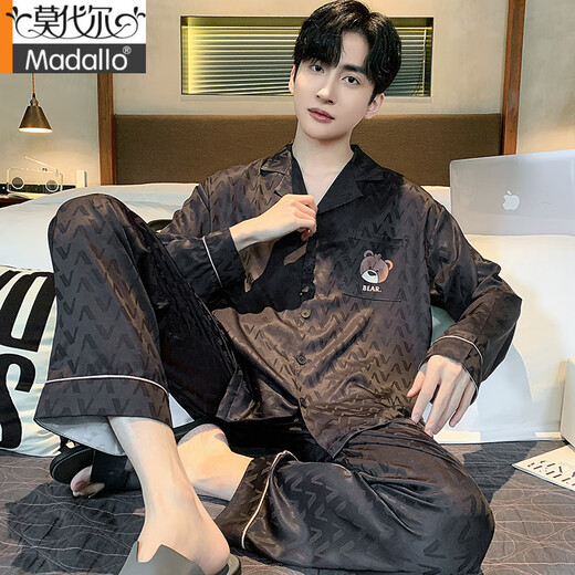 Modal light luxury pajamas for men spring and autumn summer ice, thin silk long sleeve trousers loose large size silk 2025 new set 838# V-shaped bear-Mist gray [Grey silk] 2XL [150-180Jin[Jin equals 0.5 kg]]