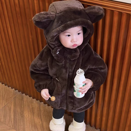 
Yuanyouling winter fur coat baby girl cute thickened jacket fashionable warm hooded mid-length fur coat milk Fufu little white bear * plus velvet thickened warm match 80 (recommended height 65CM-75CM)