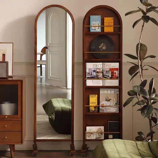 Mittel alter massives Holz Ganzkörperspiegel beweglicher bodenstehender französischer Retro Storage Magazine Bücherregal integrierter rotierender Dressing Spiegel mittelalterlicher Farbe [importiertes Festholz]