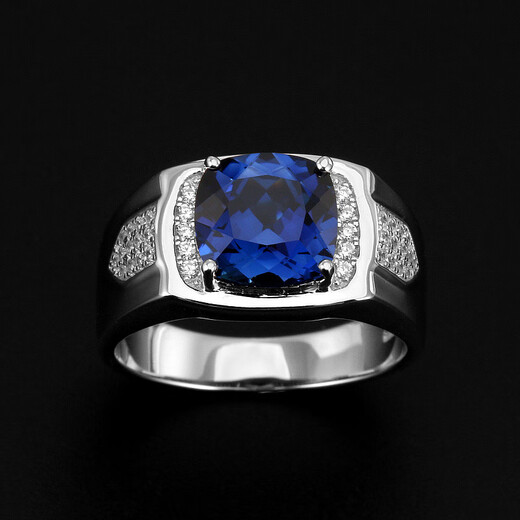 Pu Lian square tanzanite sapphire ring men's 925 sterling silver gold-plated inlaid colored gemstone ring trendy personality No. 14-54mm