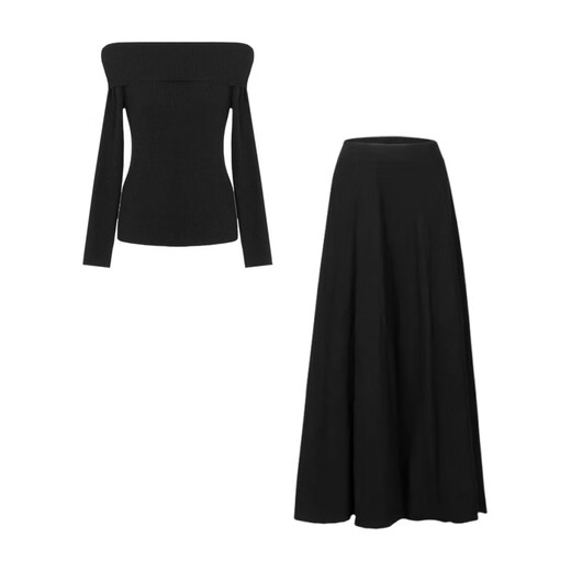 St. Paul's one-shoulder black knitted dress women's autumn and winter 2025 new Hepburn style inner long skirt suit black suit S size