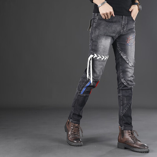 
Autumn and winter new black and gray personality irregular splicing motorcycle jeans men's slim feet fashionable casual trousers LS-9435 black size 28 sizes waist circumference 2 feet 1 90-110Jin [Jin equals 0.5 kg]