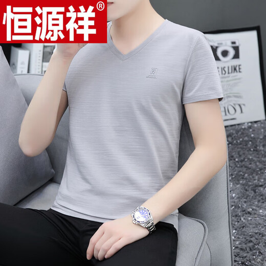 恒源祥夏季短袖Tt恤男V领修身V领潮100%纯棉冰丝R标志半袖 透气I白色691款 M 90-115斤