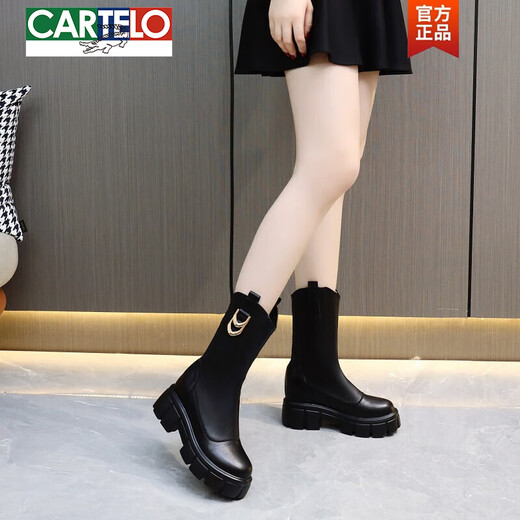 卡帝乐鳄鱼（CARTELO）内增高马丁靴女中筒2025新款厚底小个力靴冬季真皮长靴瘦瘦靴 高筒(单内里) 6627无拉链 37