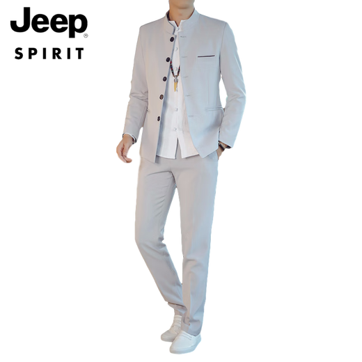JEEP SPIRIT Zhongshan suit men young Chinese stand-up collar suit men Tang suit casual jacket men spring and autumn wedding dress 107 off-white top + shirt + pants 2XL