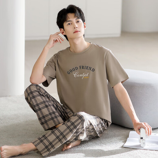 兰缪 (LAMIU)睡衣男款男士夏季纯棉2025新款短袖夏款三件套装韵家居服夏天 LJF6621乌羽色条纹 M