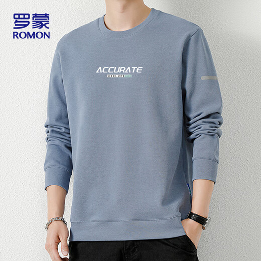 Romon sweatshirt men's autumn and winter round neck loose long-sleeved T-shirt base layer jacket men's YT01 blue XL plus velvet optional