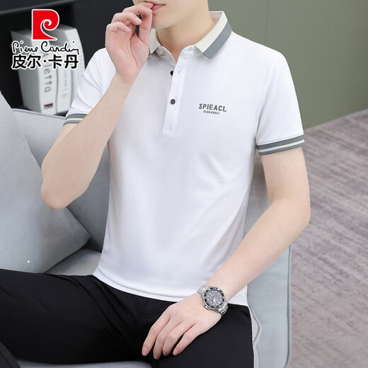 皮尔卡丹夏季短袖t恤男装潮流翻领POLO.衫纯色棉质冰丝有领T恤上衣潮 724#白色 M (建议90-110斤)