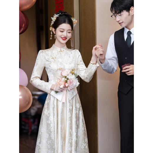 VZVY新中式香槟色敬酒服2025春季新款轻奢高端新娘结婚订婚晚礼服长袖 香槟色 轻奢短.袖款 zyl1125 L （建议105-112斤）