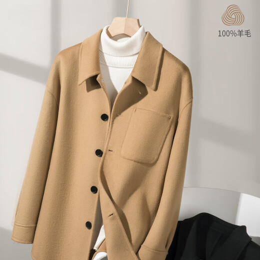 DK high-end men's 100% pure wool jacket men's coat short coat autumn and winter new loose versatile double-sided woolen camel M /170