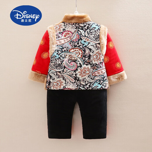 迪士尼（Disney）男童冬装婴儿冬季拜年服男宝宝唐装0一1-2-3周岁服新年儿童套装 673红色+帽子 110码建议3岁左右