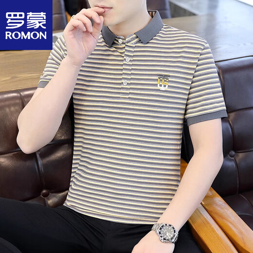 罗蒙（ROMON）男士衬衫领短袖t恤夏季条纹POLO.衫男款冰丝半袖翻领潮流体恤 6626灰色 L 105斤左右