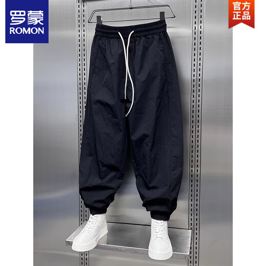 罗蒙（ROMON）夏季大码300斤速干运动休闲裤男宽松加肥加大裤子九分束脚哈伦裤 黑色 5XL 220-250斤