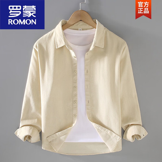 罗蒙（ROMON）春秋季灯芯绒衬衫男长袖宽松休闲日系复古棉质工装条绒衬衣外套 灰色 【9717】 M