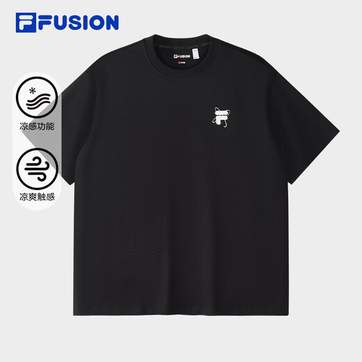 FILA FUSION斐乐潮牌情侣款针织短袖衫2025春新款凉感宽松纯棉T恤 正黑色-BK L