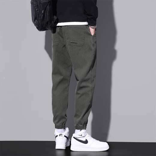 Pantalones casuales judíos El verano de los hombres, la nueva marca de moda, los pantalones de corbata sueltos de nueve puntos, pantalones deportivos, pantalones de trabajo, hombres 9859 Militar Green + 9859 Negro M