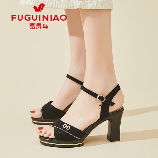 富贵鸟（FGN）高跟鞋女2025夏季新款一字扣凉鞋配裙子妈妈鱼嘴女鞋子 黑色 35
