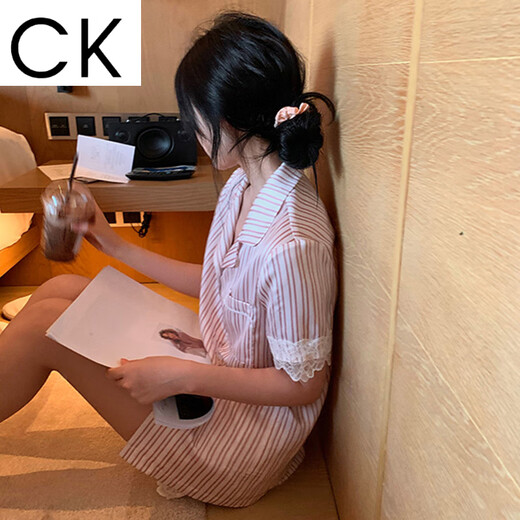 CK蕾丝条纹冰丝睡衣女春夏ins风高颜家居服可外穿 LW-9207【面料】 L 【建议100-115斤】