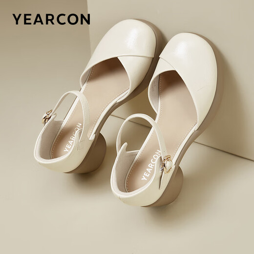 Yierkang Zapatos para mujeres gruesas Tacón medio cómodo de un botón Sandalias de mujer Hollow-Toe 49949W BEIGE 36
