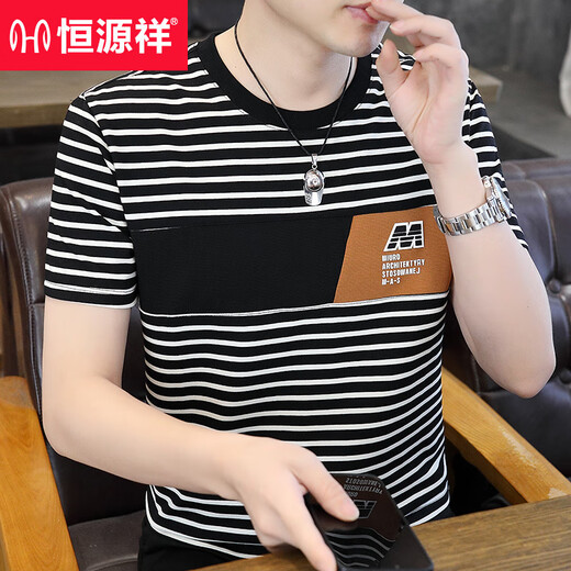 T-shirt rayé Hengyuanxiang Hrented 2025 HEURS SUMPRES SUMBRES pour les jeunes T-shirt Round Coton Ice Silk Cotton Half-Maeved T9898 Black L (105-120Jin [Jin est égal à 0,5 kg]))