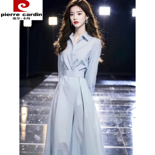 皮尔卡丹（pierre cardin）正式场合气质高端精致长裙春季小众不撞款蓝色衬衫收腰连衣裙子女 单件连衣裙 L