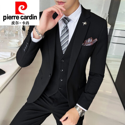 Pierre Cardin brand high-end suit men's three-piece Korean version slim business formal casual small suit groom wedding black suit + trousers + vest + shirt collar L recommended 100-115 Jin Jin equals 0.5 kg