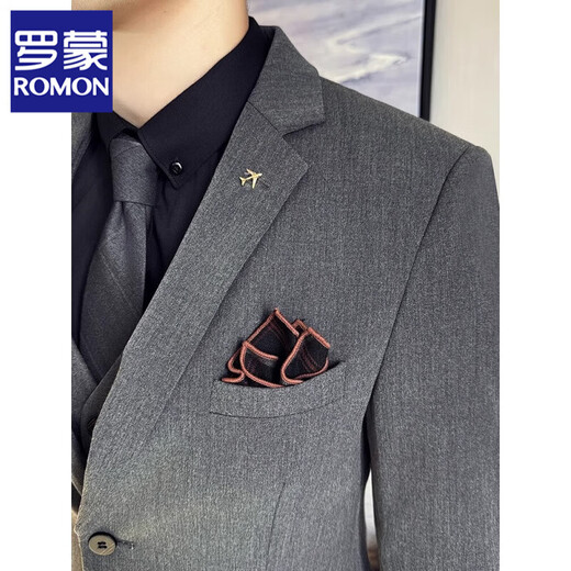 罗蒙（ROMON）新郎结婚西装套装男修身西服三件套礼服商务休闲英伦风职业正装 9889中灰 两件套【西服+裤子】 56/3XL【150-165斤穿】