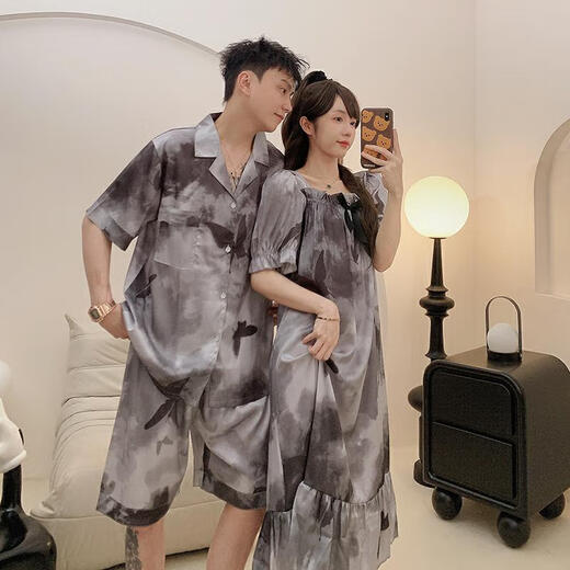 LangSha couple pajamas ladies summer ice silk short-sleeved nightgown feel casual big size men's home clothing set KAD13077 M women + men L