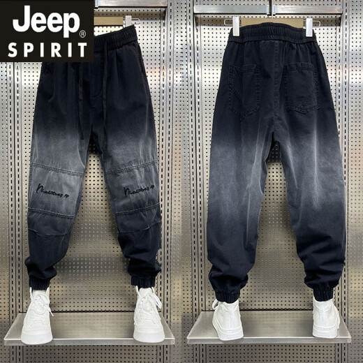Jeep Spirit Jeep Modemarke Brandwaschgradientenfarbe Casual Hosen Herren Frühlings- und Sommer -Elastizität Taille Enge Fußhose Lose und stilvoll hübsch neun schwarz 35