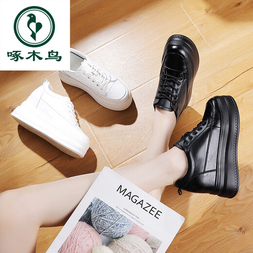 Woodpecker genuine leather inner height increasing women's shoes 2025 autumn and winter height increasing slimming thick sole platform small black shoes versatile wedge casual shoes black single lining 36