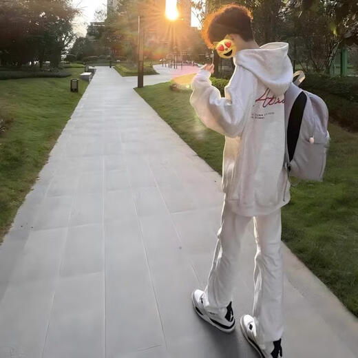 Digada white and gray American retro high street hooded sweatshirt for men in spring, autumn and winter plus velvet trendy all-match top casual sweatshirt CXS-LM459 white gray plus velvet M (size is too small, it is recommended to go up one size)