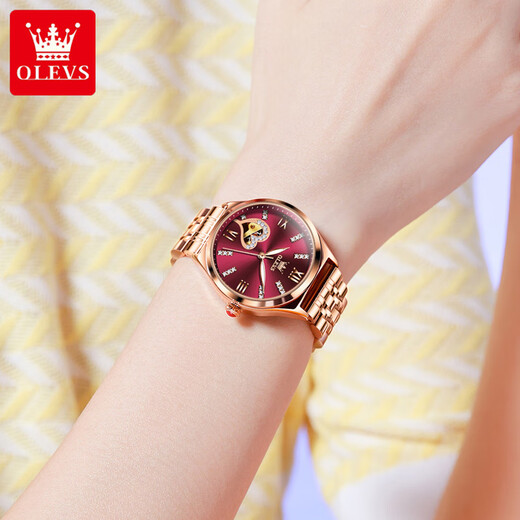 
OLEVS Swiss certified brand watch women's simple temperament women's watch hollow fully automatic mechanical watch light luxury women's watch OLEVS-6636-Red steel red face