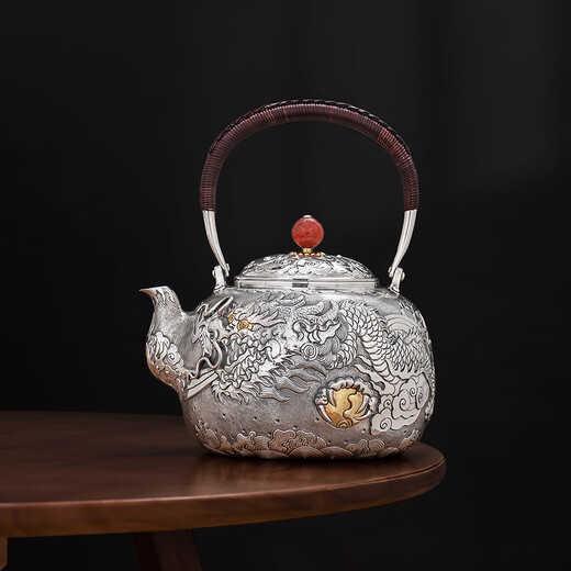 Silver Age Silver Tea Set 999 Pure Silver Set Tenglong Spit Pearl Gift Seiko Embossed Pure Silver Tea Set 1 Pot 3 Cups Approximately 544 Grams