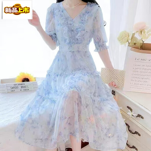 Break de thé français du premier chemin en V Beau robe en mousseline de mousseline florale pour l'été féminin 2025 Nouveau tempérament à la taille de la taille de fée-jupe longue Blue 736 # [Version Robe] L [suggéré 105-120jin [Jin est égal à 0,5 kg]]]