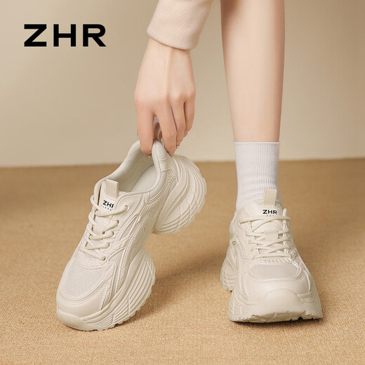 ZHR厚底老爹鞋女新款网面透气女鞋轻便软底耐磨运动鞋女 G753 米色34