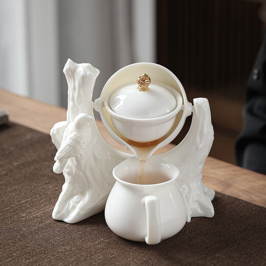 SUSHI CERAMICS Mutton Fat Jade Tea Set Chinese White Kung Fu Automatic Tea Set Jade Flower and Bird Internet Celebrity Model