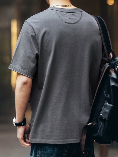 罗蒙美式复古亨利领男士短袖t恤夏季潮牌宽松大码纯棉半袖夏天体恤 灰色 L  适合140-160斤