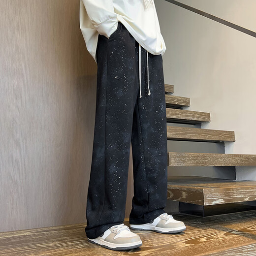 
IZEXX Star High Street Casual Pants Men's Spring and Summer Wide Legs Draped Loose Trendy Brand Straight Long Pants IZ27 Flower Bottom Black L