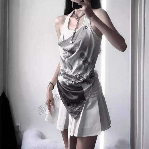 
Chaomengcheng American retro sexy hot girl fake two-piece sleeveless shirt for women in summer new tight outerwear vintage printed top XZ#9227 White M